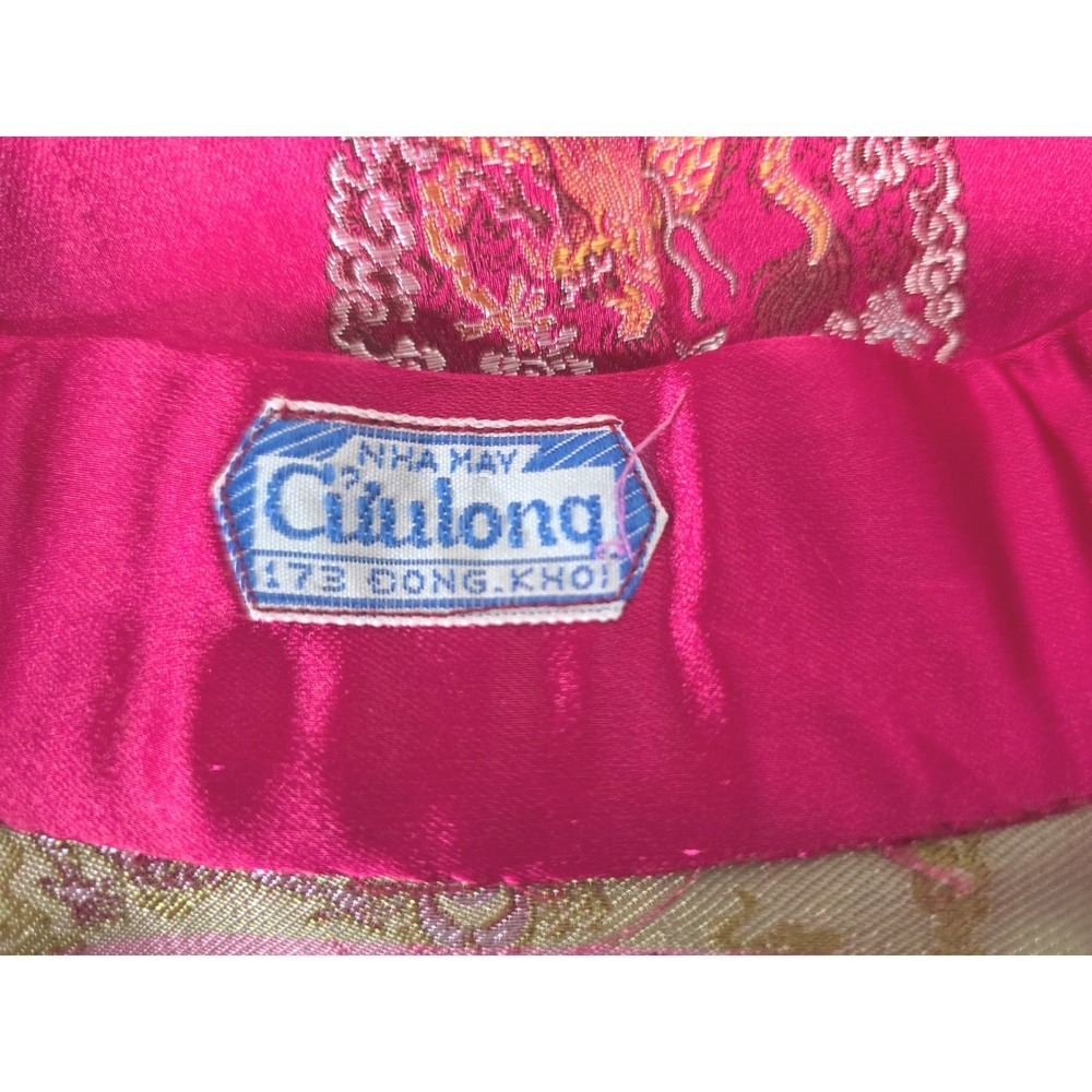 60s Vintage Fuchsia Pink Satin Cheongsam Qipao Dress Dragon Phoenix Brocade Midi - Picture 12 of 16